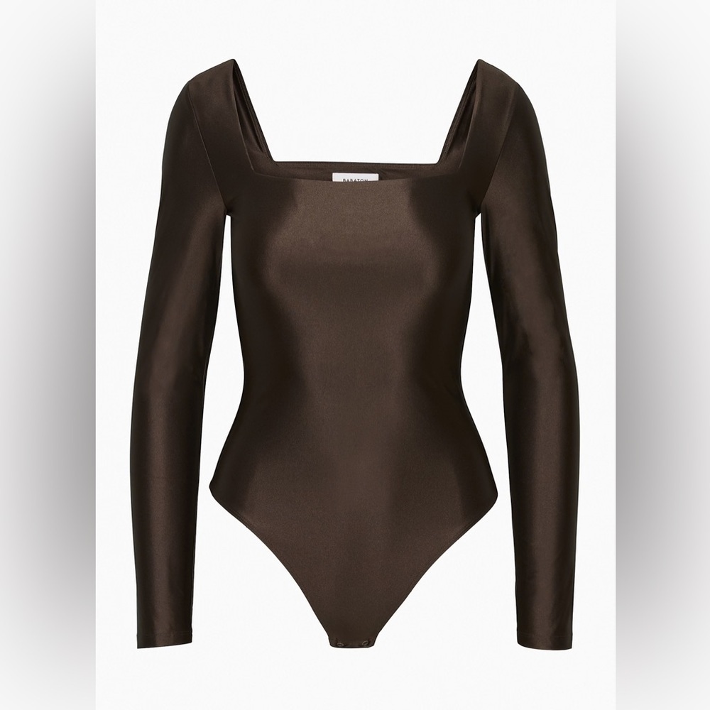 Aritzia Babaton Satinette Square-Neck Long Sleeve Bodysuit S Brown Effortless